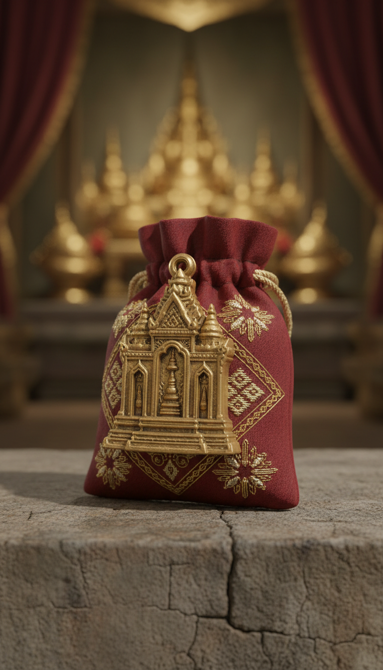 Temple gold amulet in embroidered silk pouch