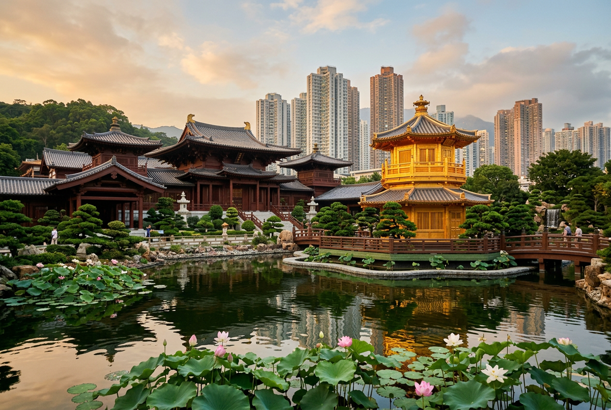 Nan Lian Garden golden pavilion and lotus pond beside Chi Lin Nunnery timber halls, Kowloon towers behind