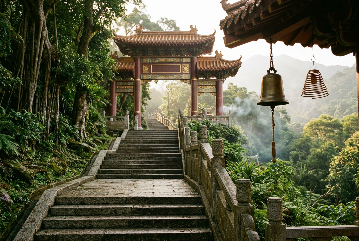 Stone steps climbing through greenery to a red-and-gold temple gateway, bronze bell in front