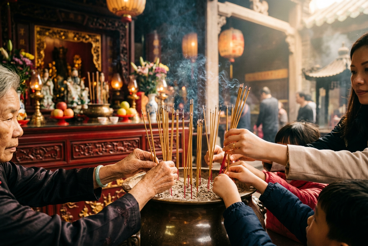 Family of different ages holding lit joss sticks at a red temple altar in soft light