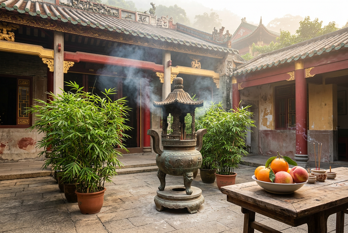 Quiet temple courtyard with a bronze incense burner, potted bamboo and a plate of fruit offerings