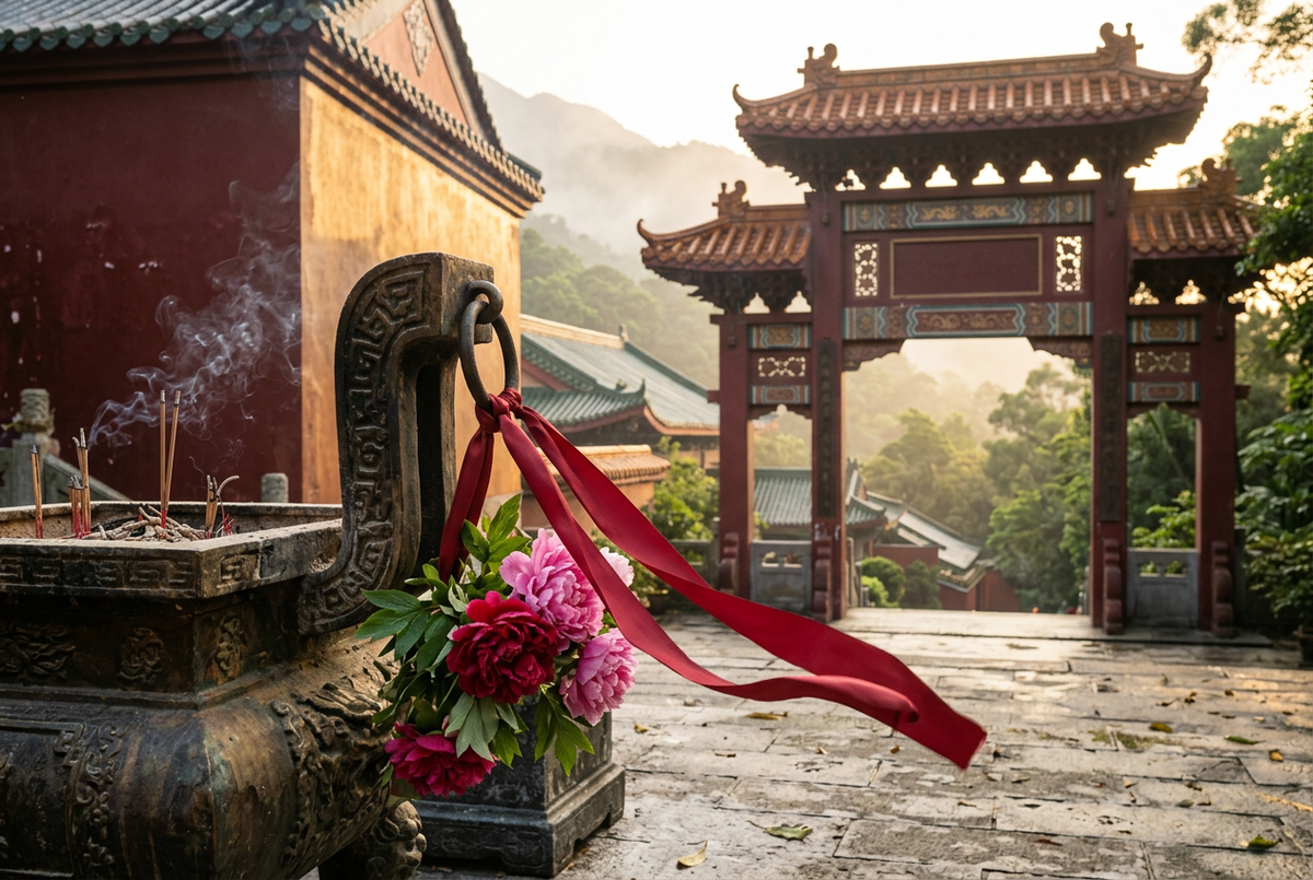 Red silk ribbon and pink peonies by a stone incense burner, red temple gateway beyond