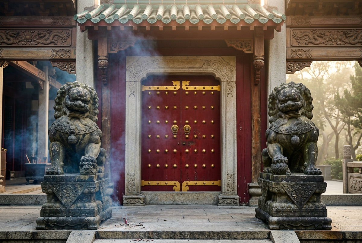 Pair of stone guardian lions flanking a red studded temple door in light incense haze