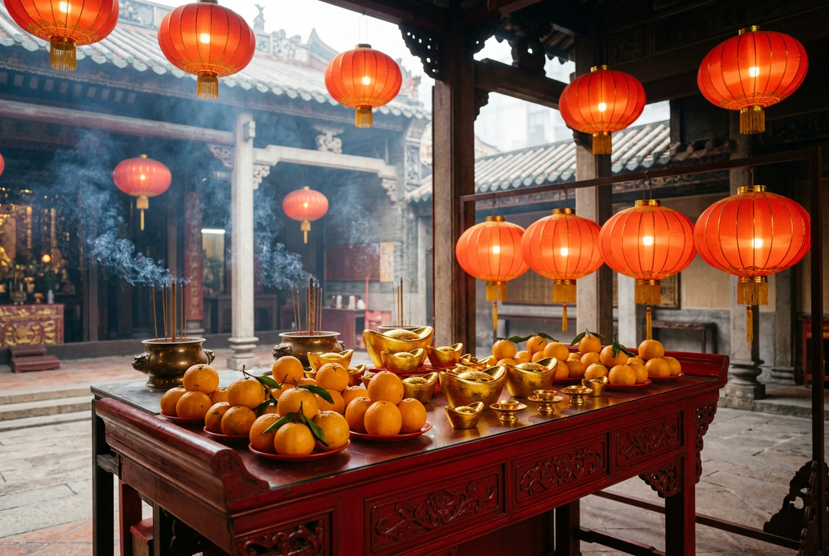 Red temple altar piled with mandarin oranges under glowing red lanterns