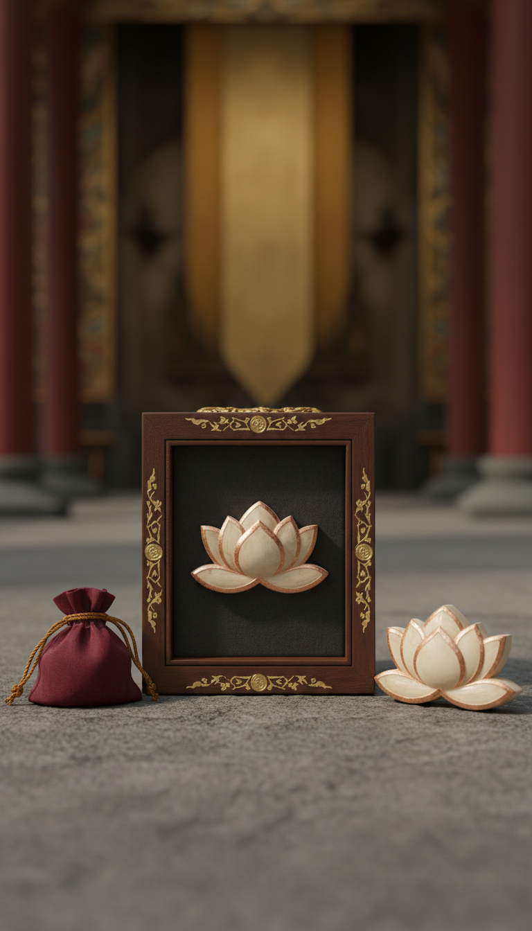 Lotus blossom talisman in ornate wooden box