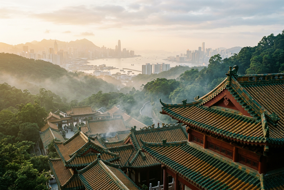 Curved green and gold Hong Kong temple rooftops over misty hills with harbour soft in the distance
