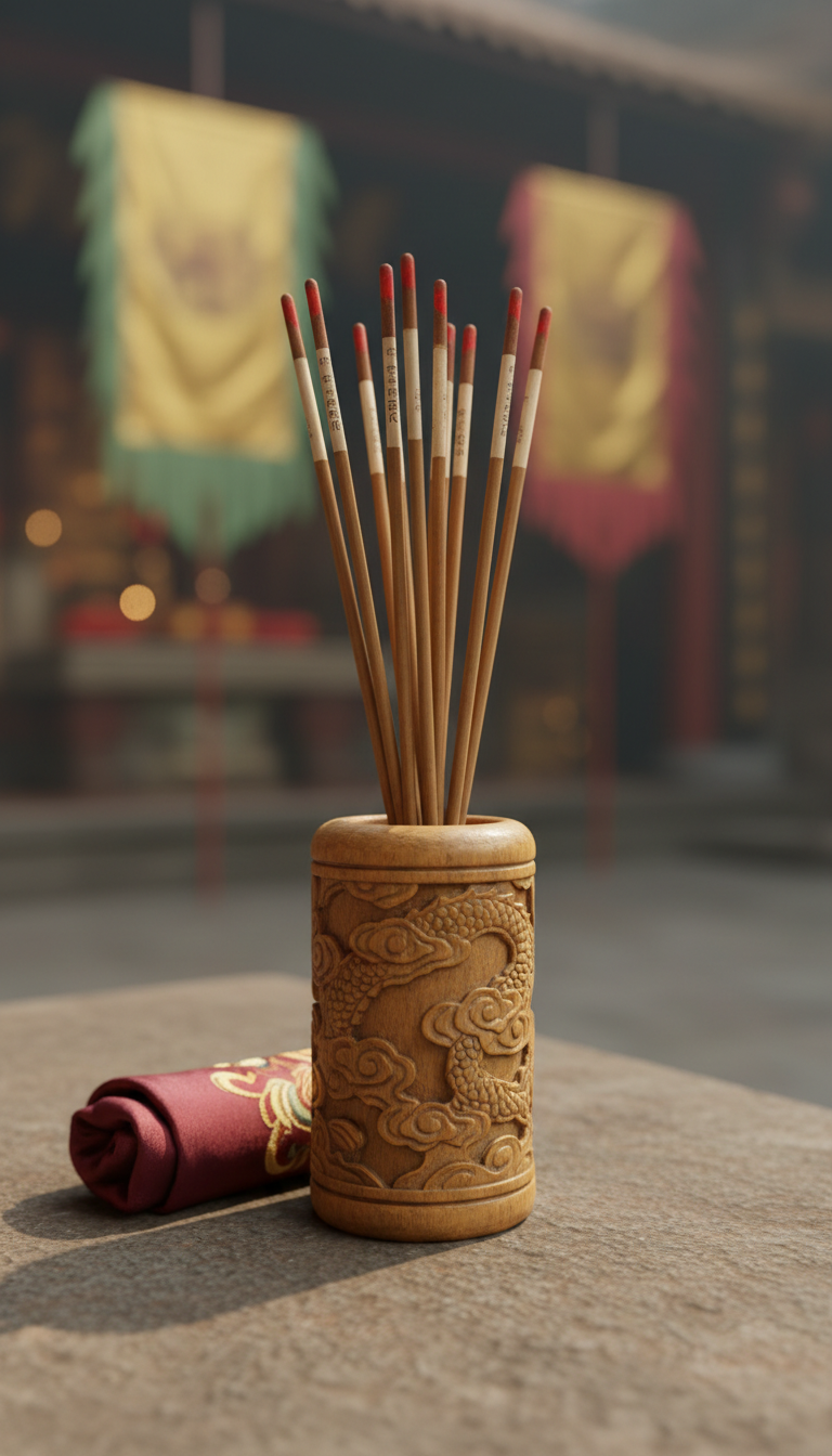 Fortune sticks set in carved wooden holder