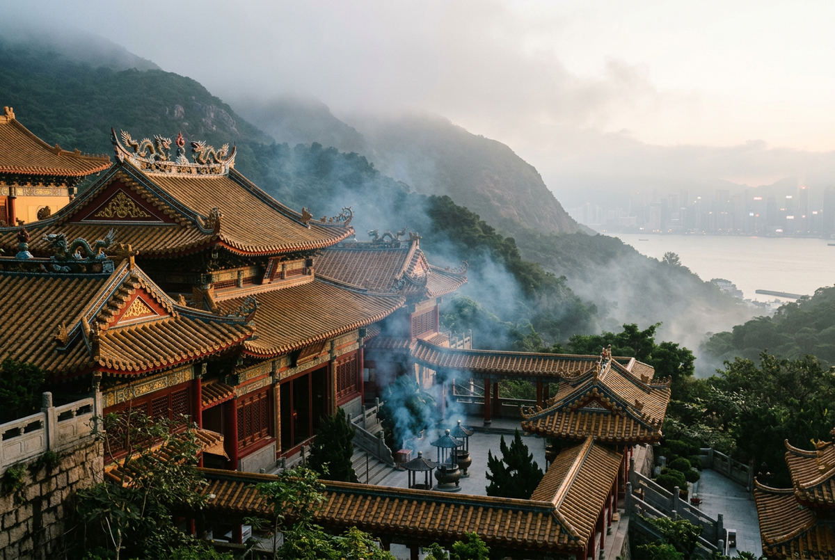 Hong Kong temple rooftops on a misty hillside with incense smoke drifting and the harbour in the distance
