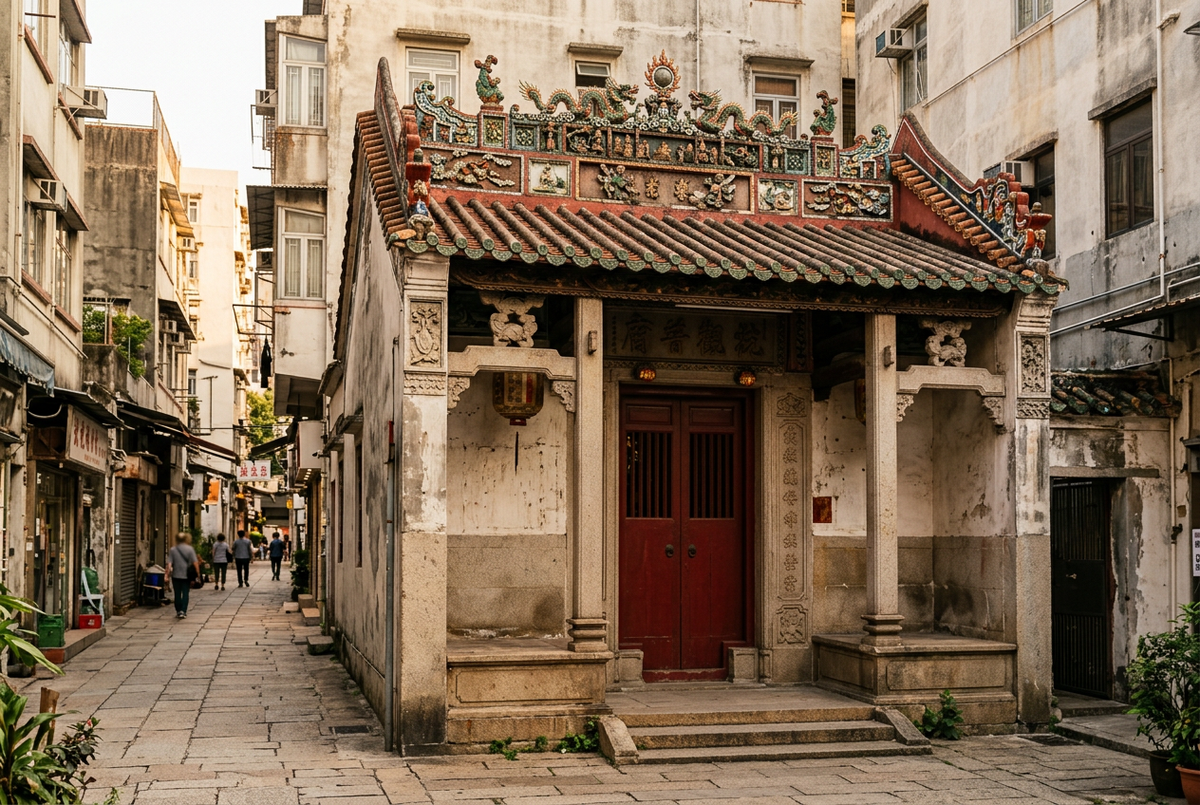 Hung Hom Kwun Yum Temple stone facade with ornate roof ridge and red door on a quiet Kowloon lane