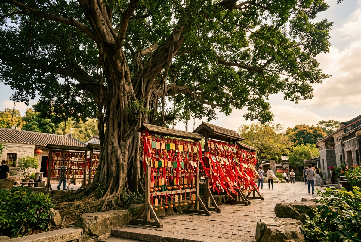 Lam Tsuen Wishing Tree banyan with red wish placards hung on wooden racks beside it, Tai Po