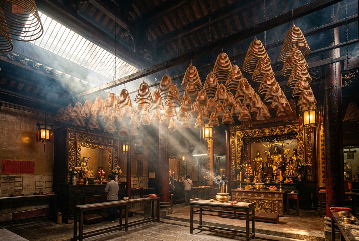 Man Mo Temple hall in Sheung Wan with hanging spiral incense coils and light through the smoke