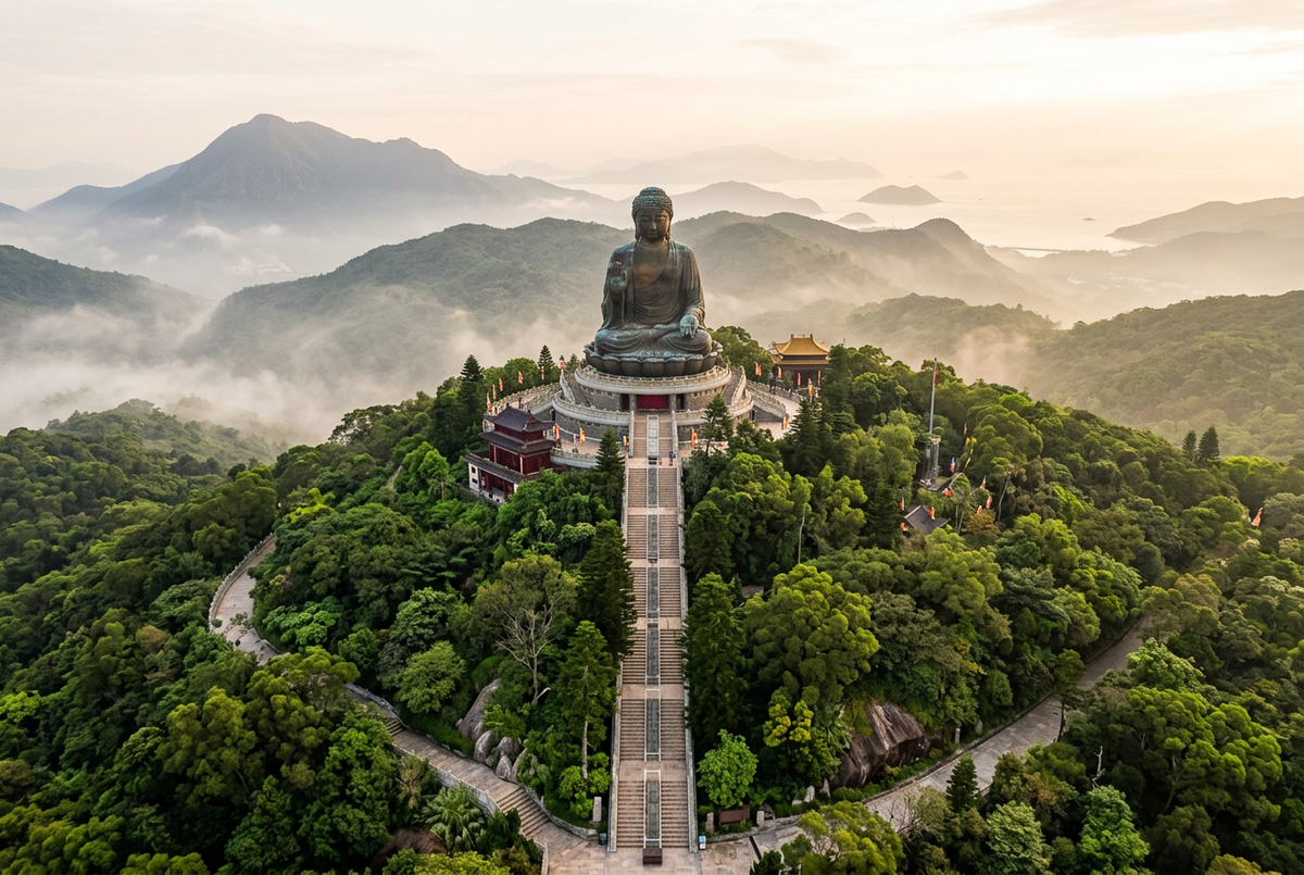 Tian Tan Buddha bronze statue on Ngong Ping hilltop above green Lantau hills in morning mist