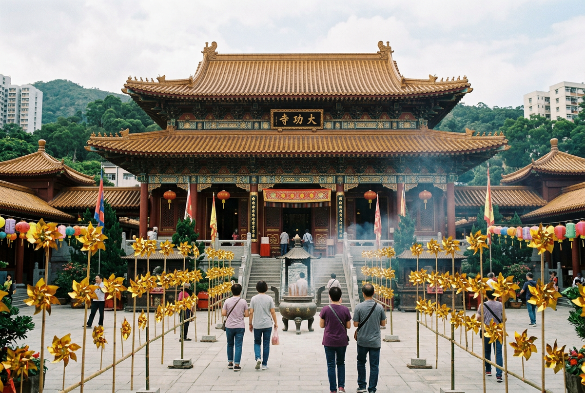 Che Kung Temple main hall in Sha Tin with rows of golden pinwheels and visitors in the forecourt