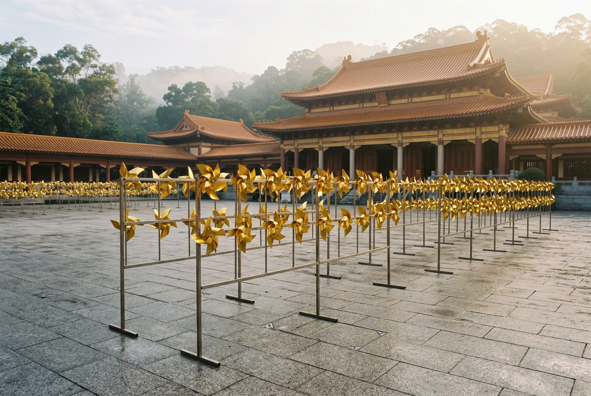 Rows of gold Che Kung pinwheel racks in an empty misty temple forecourt at dawn
