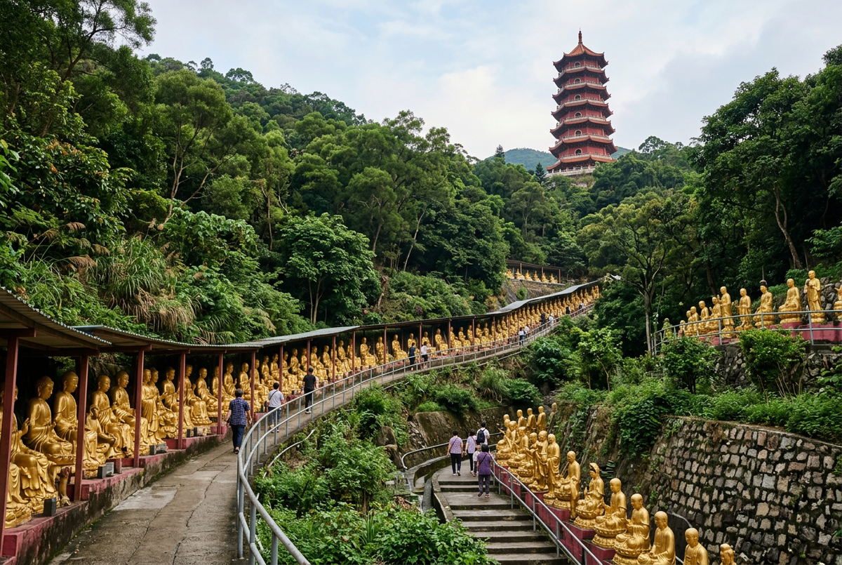 Ten Thousand Buddhas Monastery hillside steps lined with golden Buddha statues, red pagoda above, Sha Tin