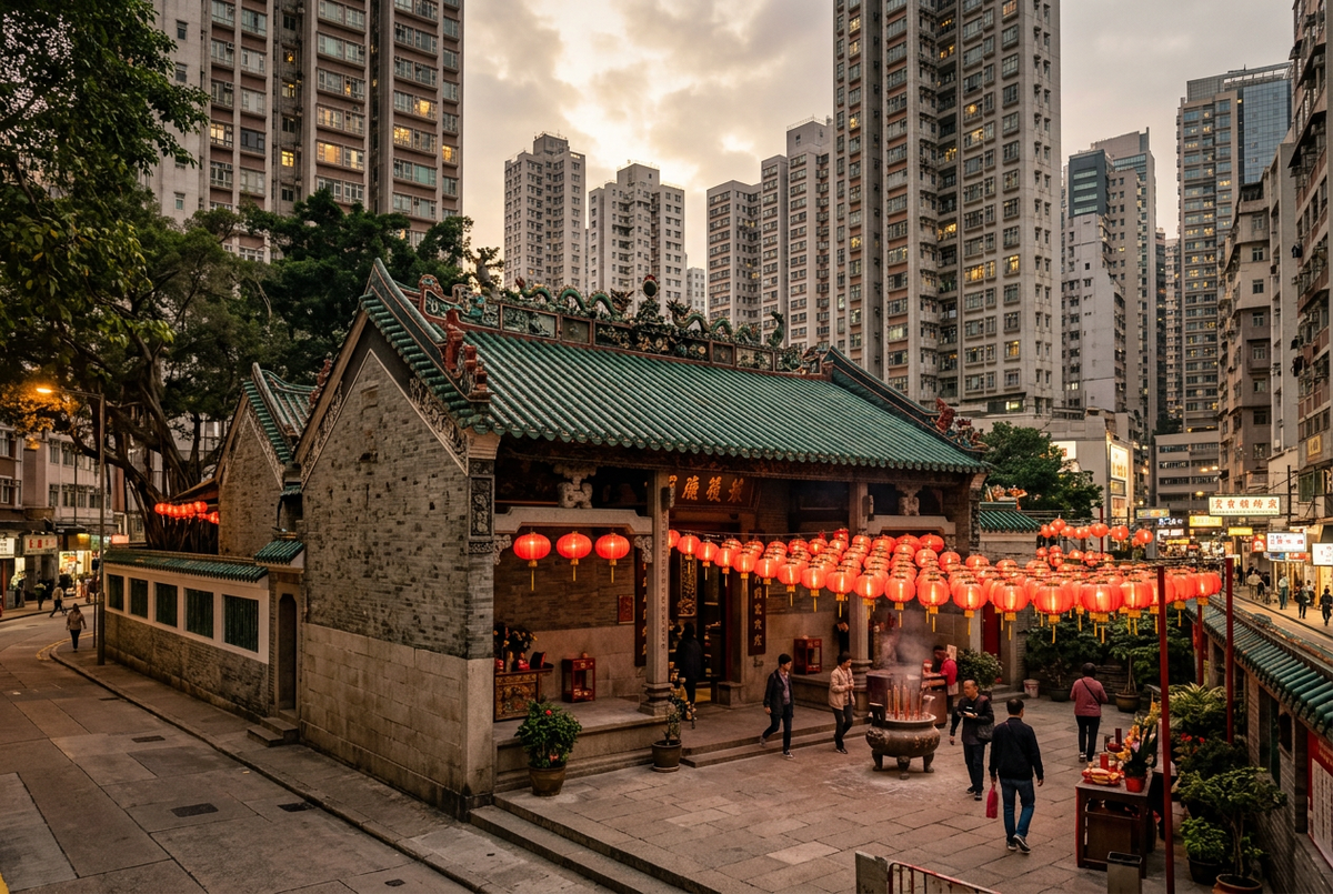 Tin Hau Temple in Causeway Bay with granite walls, green-tiled roof and red lanterns among city towers