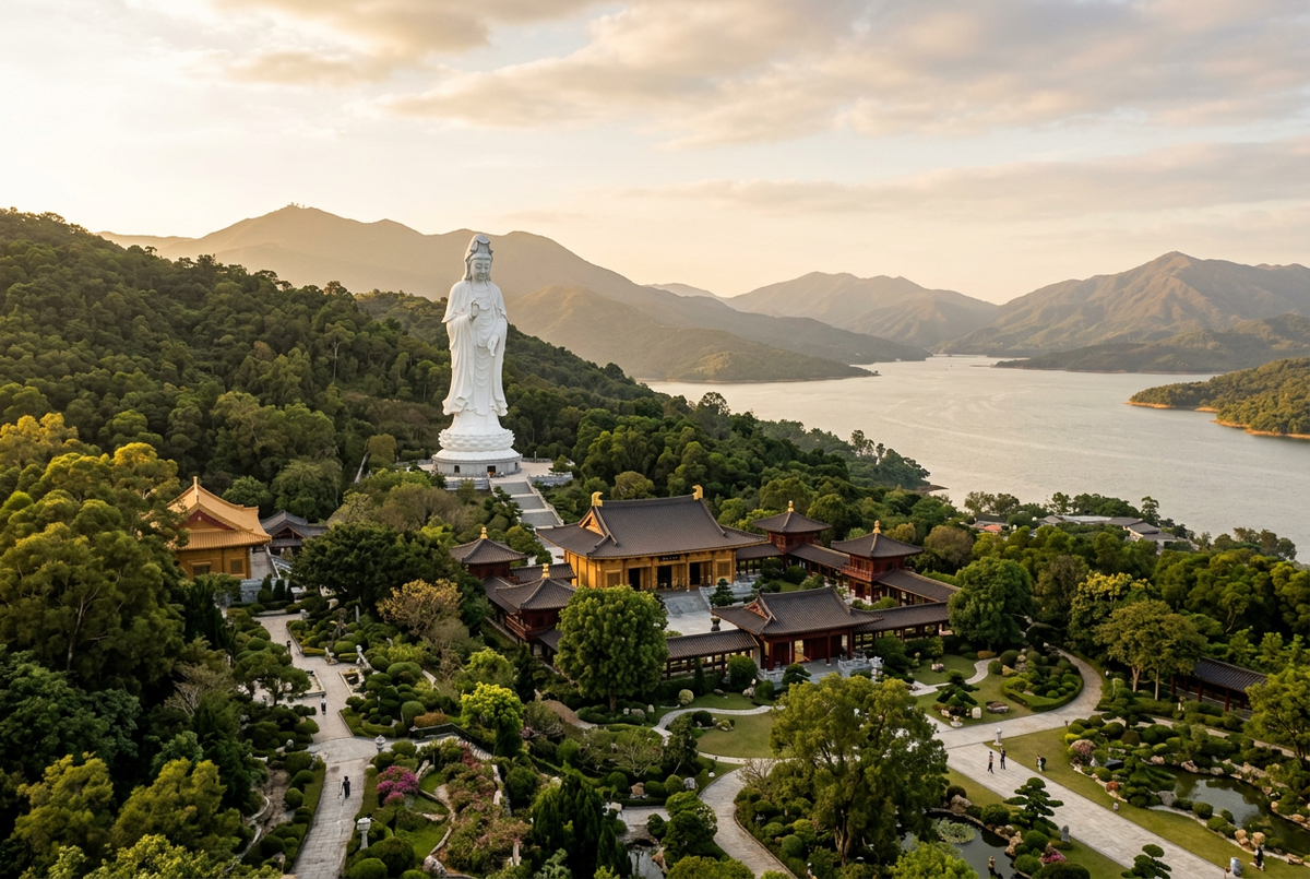 Tsz Shan Monastery white Guanyin statue above hillside gardens and Plover Cove reservoir, Tai Po