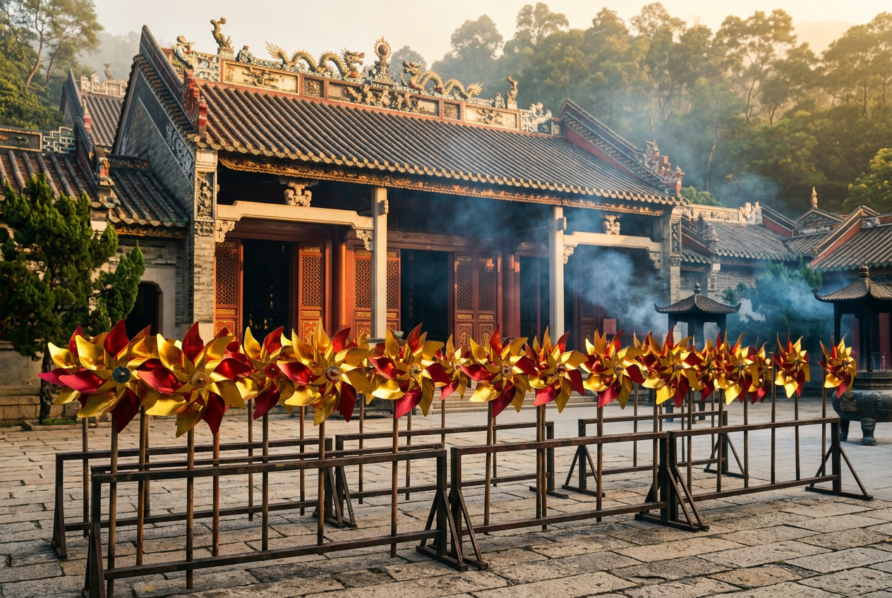 Che Kung Temple forecourt with rows of red-and-gold pinwheels and incense smoke before the main hall