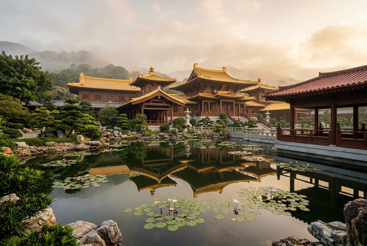 Chi Lin Nunnery timber halls and golden roofs reflected in a lotus pond under misty Kowloon hills