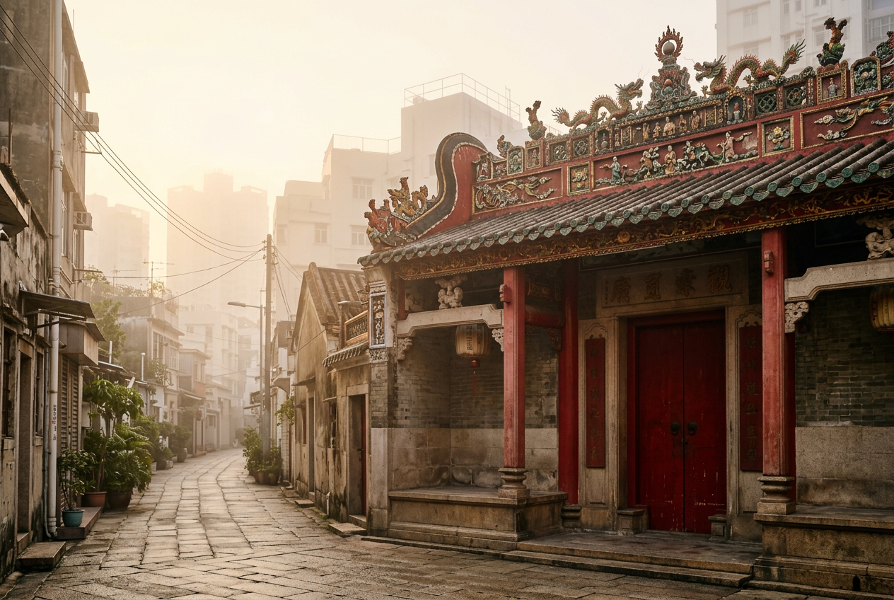 Hung Hom Kwun Yum Temple red doors and ornate roof on a quiet Kowloon lane with potted plants