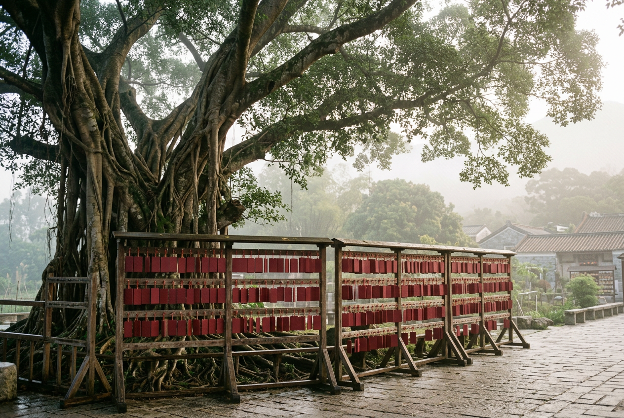 Lam Tsuen Wishing Tree banyan with wooden racks of red wish placards on wet stone paving in Tai Po mist