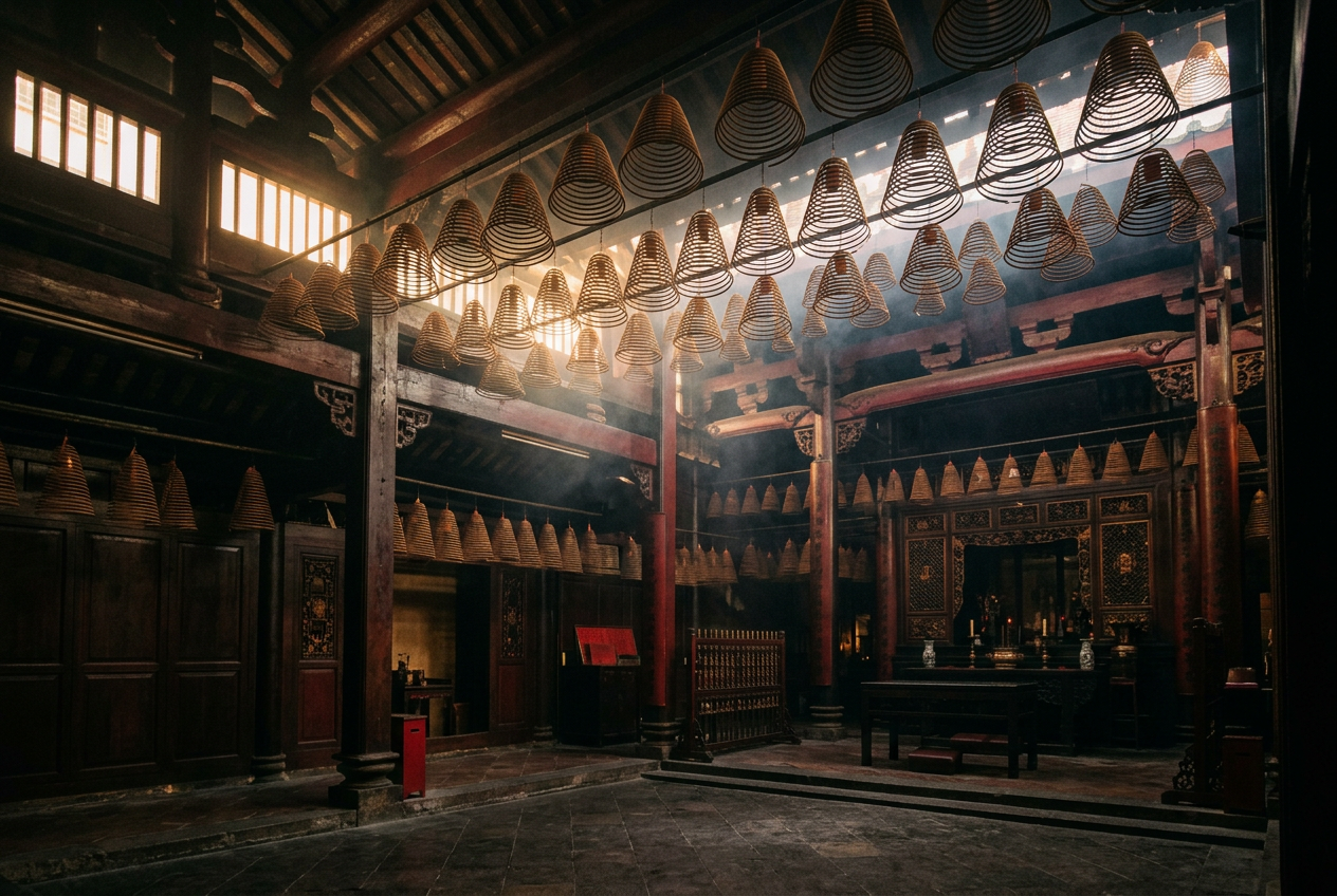 Man Mo Temple Sheung Wan interior with hanging spiral incense coils under dark timber beams in golden light