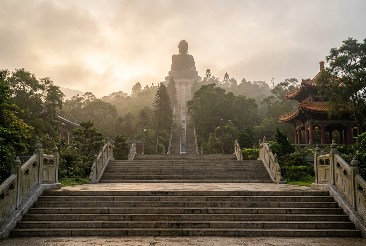 Tian Tan Buddha on Ngong Ping above a long empty stone staircase through Lantau pines in morning mist