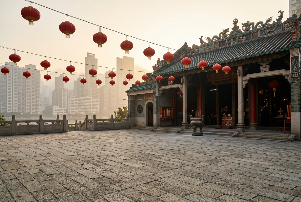 Tin Hau Temple Causeway Bay courtyard with green-tiled roof, red lanterns and city towers soft in haze