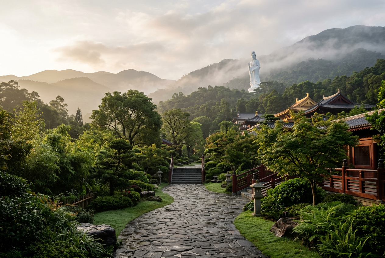 Tsz Shan Monastery garden path toward the white Guanyin statue above golden-roof halls in hillside mist