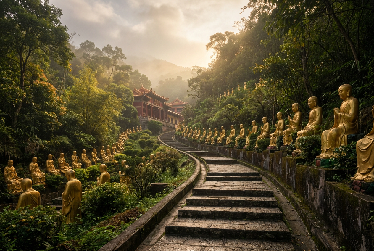 Ten Thousand Buddhas Monastery stone steps lined with golden statues climbing into hillside mist, Sha Tin