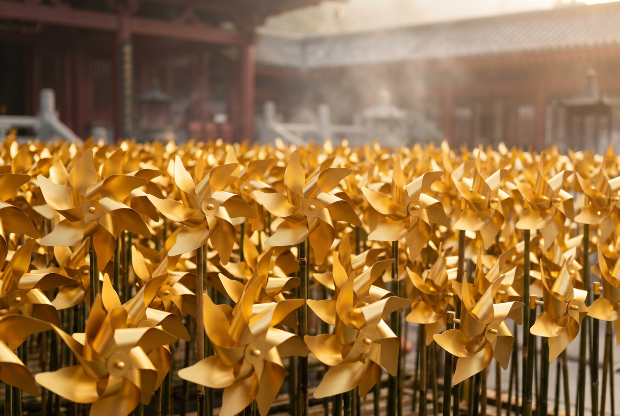 Dense rows of Che Kung golden pinwheels filling the forecourt in warm incense haze