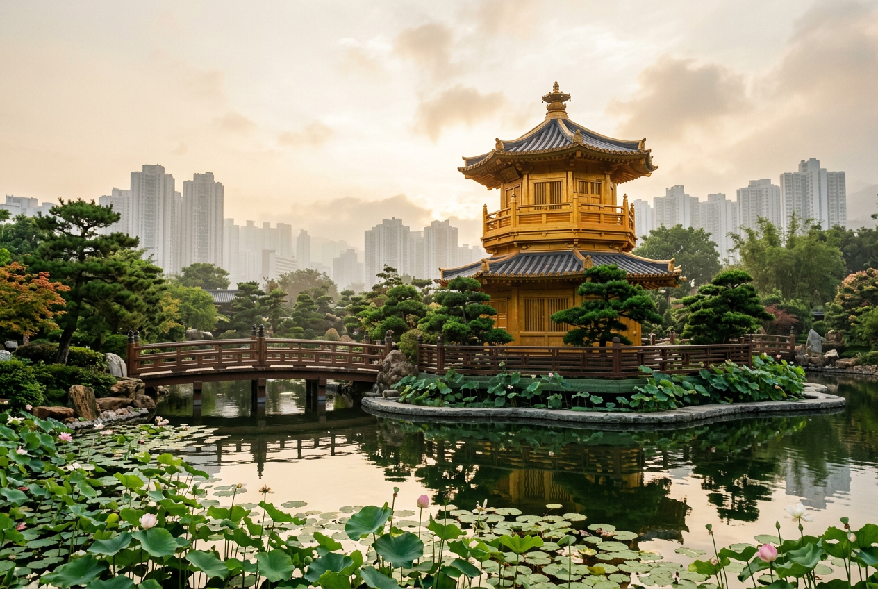 Nan Lian Garden golden pavilion alone above a lotus pond, Kowloon towers soft and distant