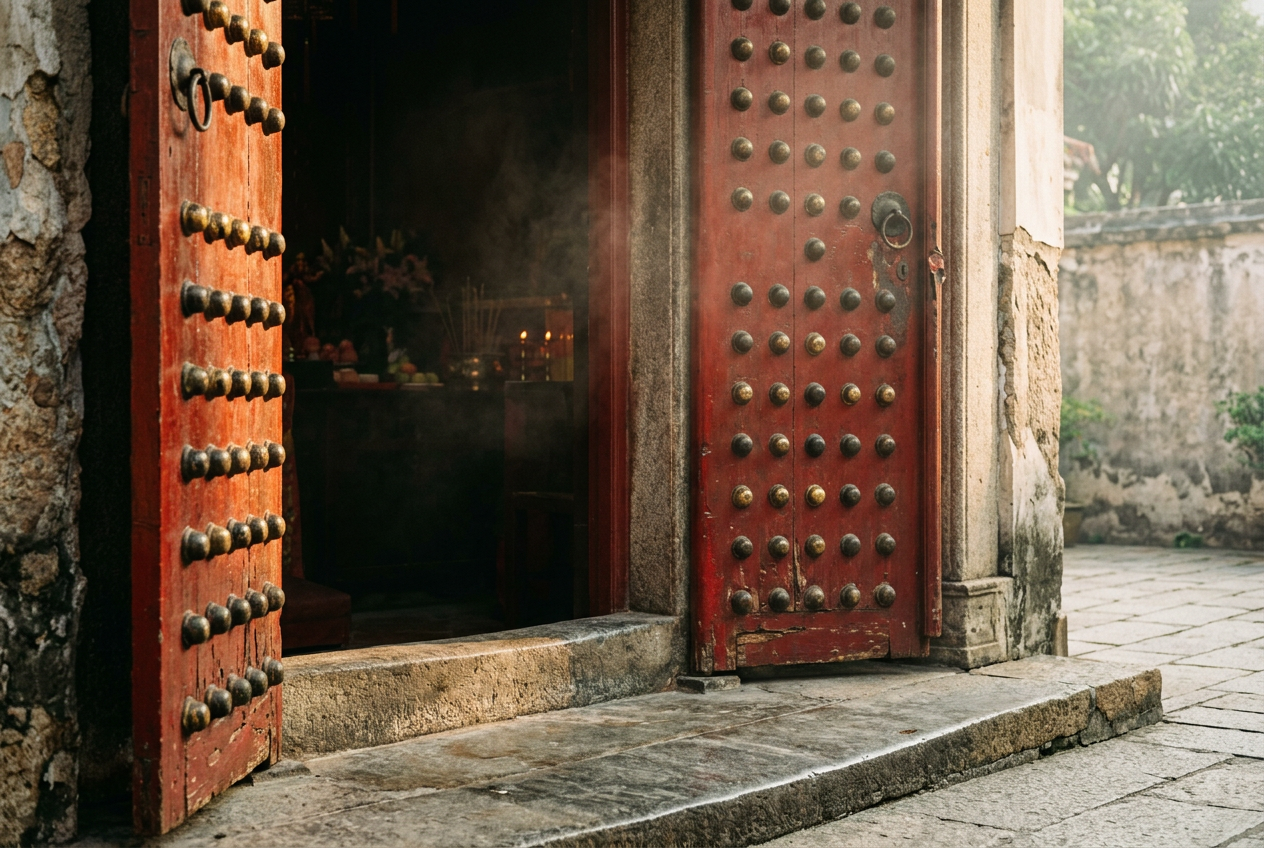 Hung Hom Kwun Yum deep-red studded temple door and worn stone threshold in soft light