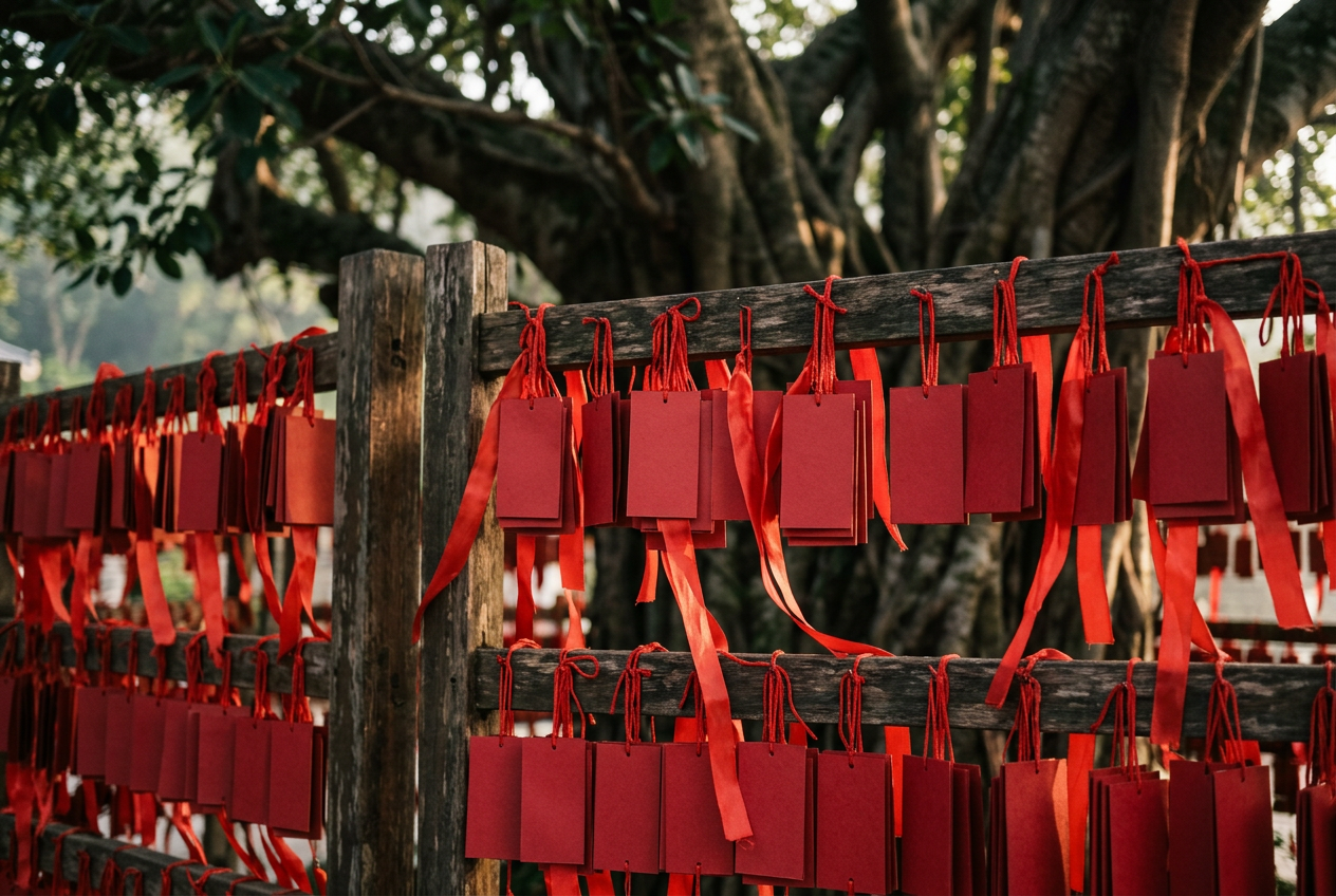 Close hanging red wish placards and ribbons on Lam Tsuen wooden racks, banyan bark soft behind
