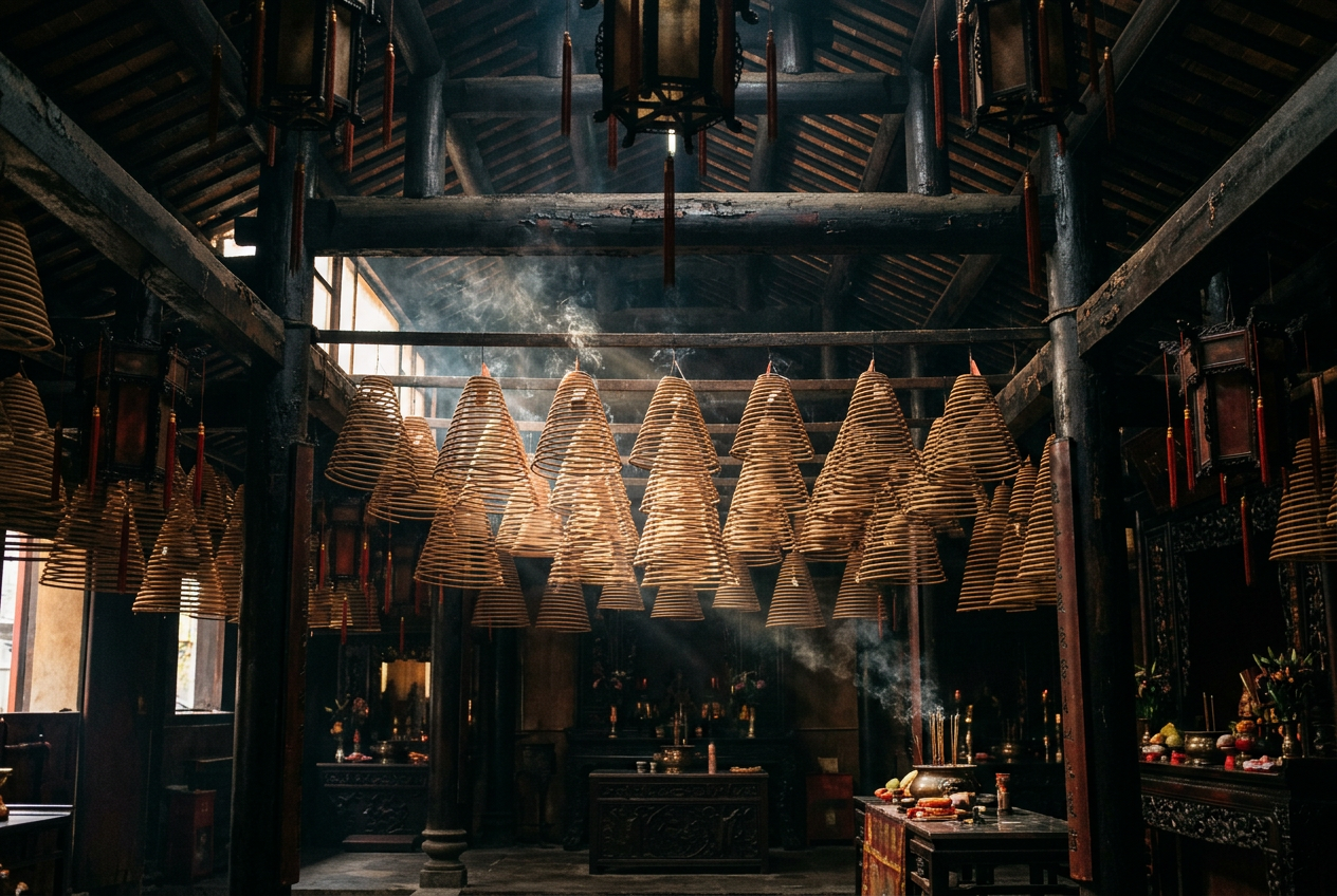 Man Mo spiral incense coils filling the frame under dark timber beams in calm smoke light