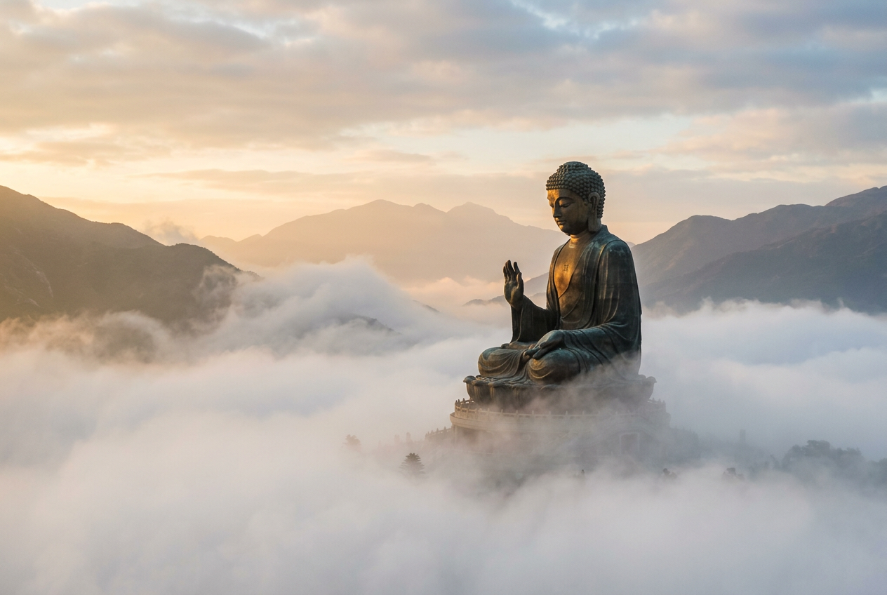 Tian Tan Buddha bronze statue rising above Lantau morning mist, close view without crowds