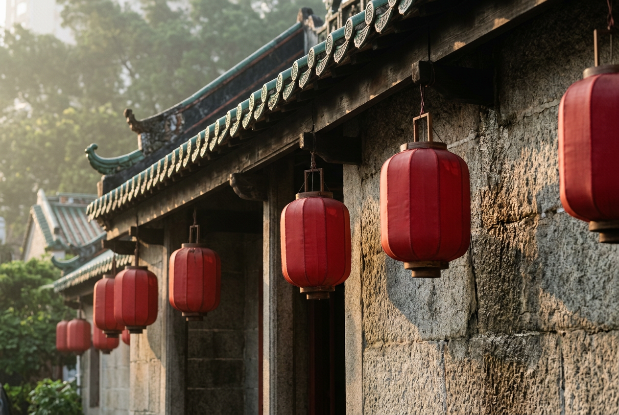 Tin Hau Causeway Bay red lanterns under a green-tiled roof eave with granite wall detail