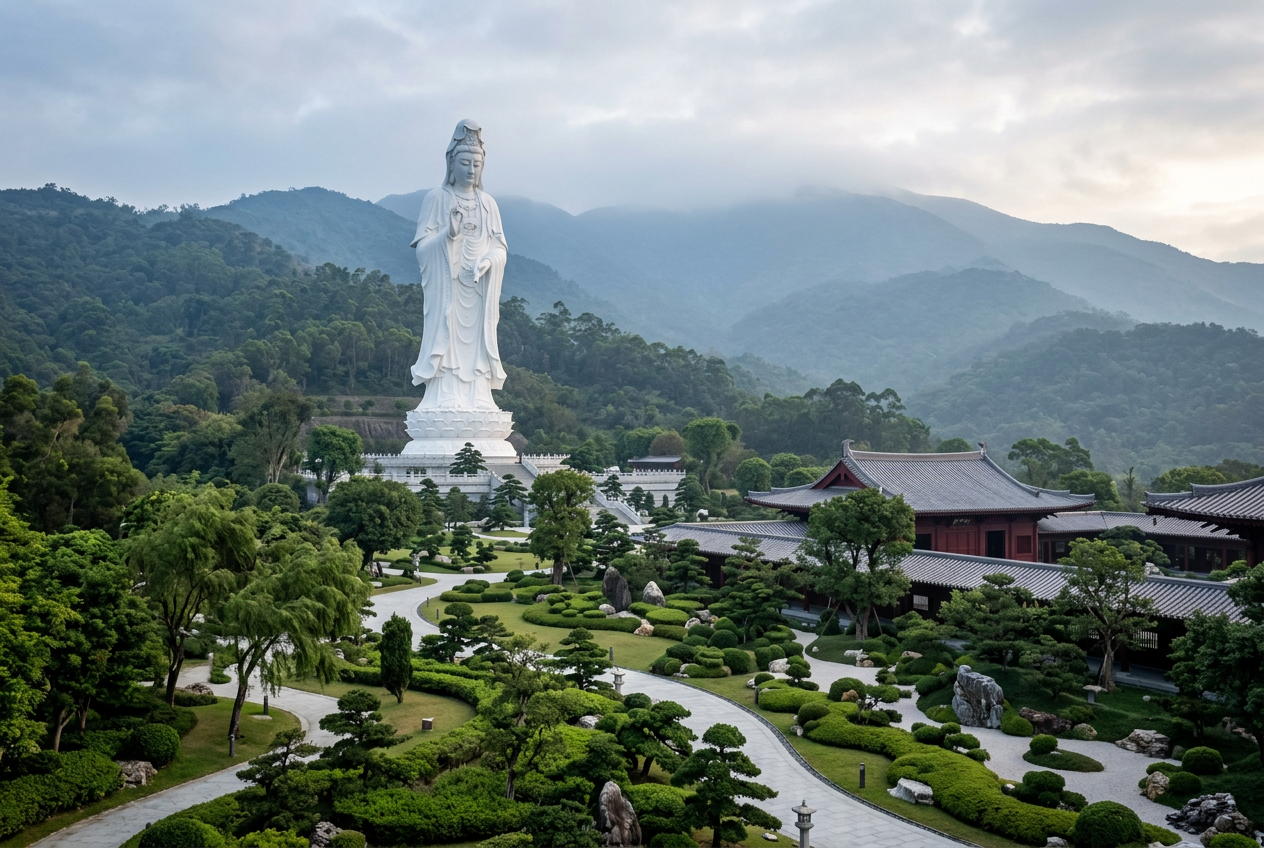 Tsz Shan white Guanyin statue rising above manicured gardens and golden-roof halls in cool mist