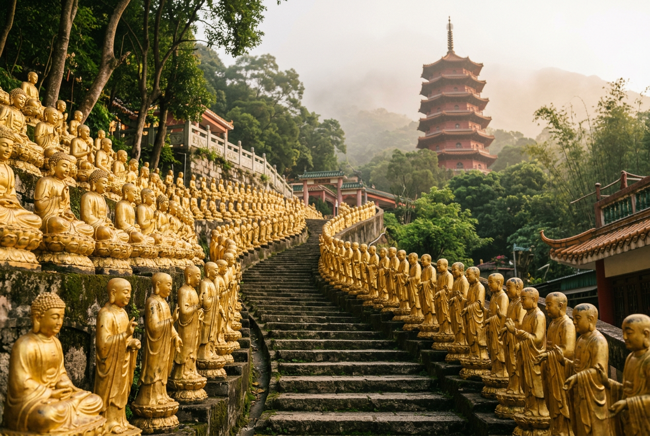 Close rows of golden Buddha statues along Ten Thousand Buddhas Monastery steps, red pagoda soft above