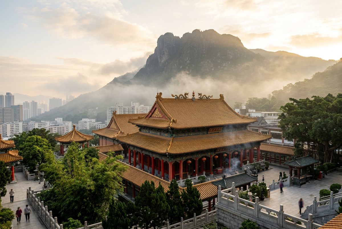Wong Tai Sin Temple golden-roofed halls in morning mist with Lion Rock behind, Kowloon